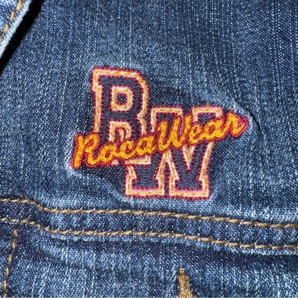 Roca Wear Jr Girls XXL Blue Denim Jean Jacket W/ Hood Knit Multi-Colored Accents - Picture 4 of 8